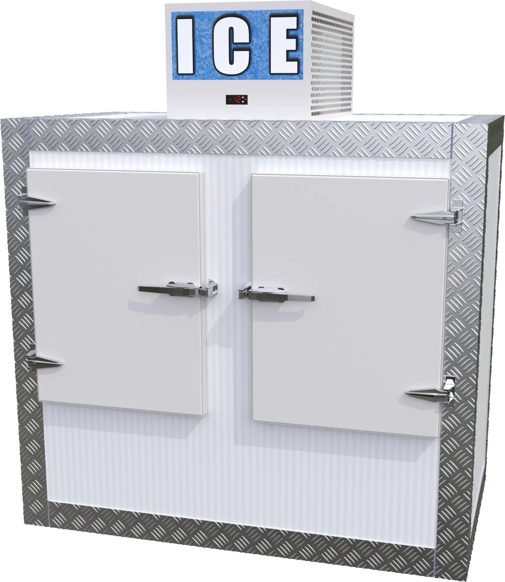 Ice storage box with checker-plate corners and ICE signage