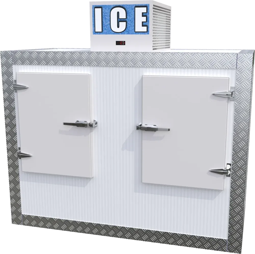 Large 3402L commercial ice storage box with ICE signage and twin solid doors